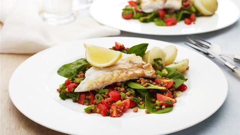 Fish with Lentil Spinach Salad