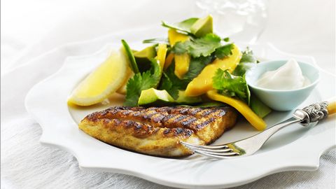 healthy healthy spicy b.b.q. fish with mango salad recipe recipe Spicy B.B.Q. Fish with Mango Salad