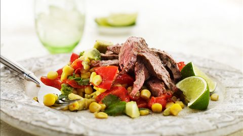 healthy healthy chargrilled beef with avocado & corn salsa recipe recipe Chargrilled Beef With Avocado & Corn Salsa