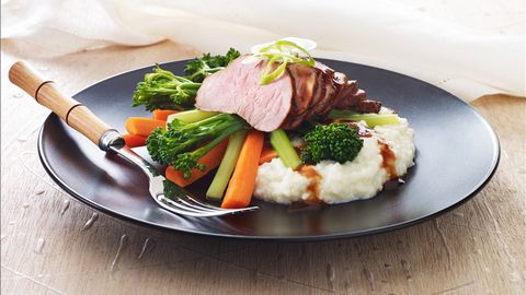 healthy healthy five-spice hoisin pork with cauliflower mash recipe recipe Five-Spice Hoisin Pork with Cauliflower Mash