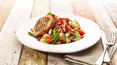 healthy healthy pork medallions with chargrilled potato salad recipe recipe Pork Medallions with Chargrilled Potato Salad