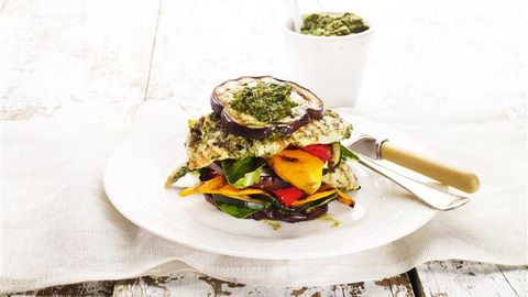 healthy healthy chargrilled chicken & vegie stack with salsa verde recipe recipe Chargrilled Chicken & Vegie Stack With Salsa Verde