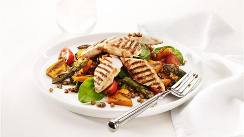 healthy healthy grilled pumpkin asparagus & chicken salad recipe recipe Grilled Pumpkin Asparagus & Chicken Salad