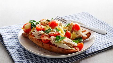 healthy healthy fake baked loaded sweet potato recipe recipe Fake Baked Loaded Sweet Potato