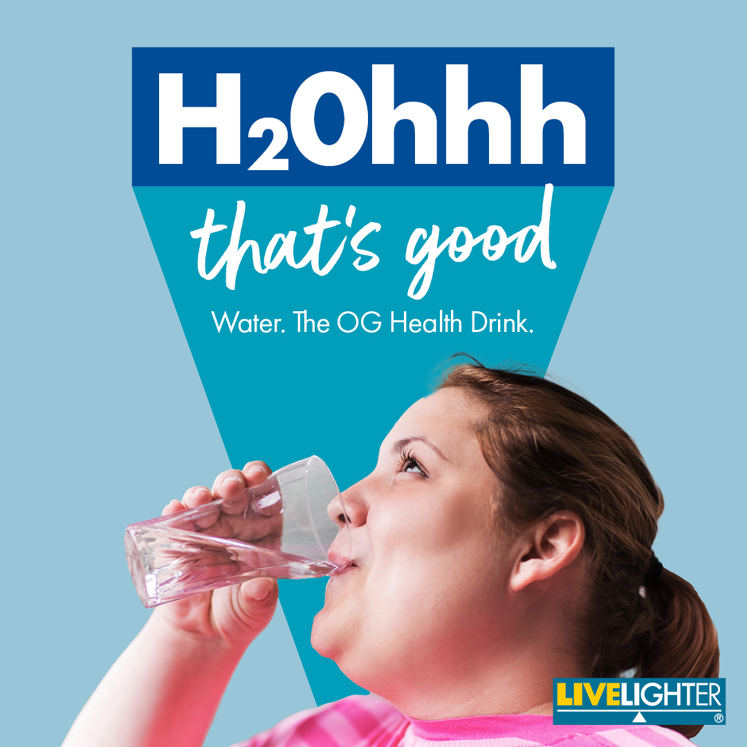 a woman drinks water. the heading says H20 that's good