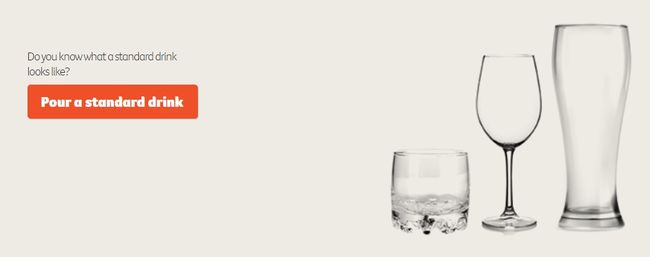 Screenshot from the standard drink quiz showing empty glasses, the text 'Do you know what a standard drink looks like?' and an orange button with the text 'Pour a standard drink'.
