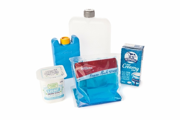 A group of frozen things; a gel icepack, an icebrick, a waterbottle, a small yoghurt and a small carton of milk