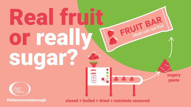 Real fruit or really sugar? Strawberries processed into a sugary paste and then put into a fruit bar boasting a made with real fruit claim