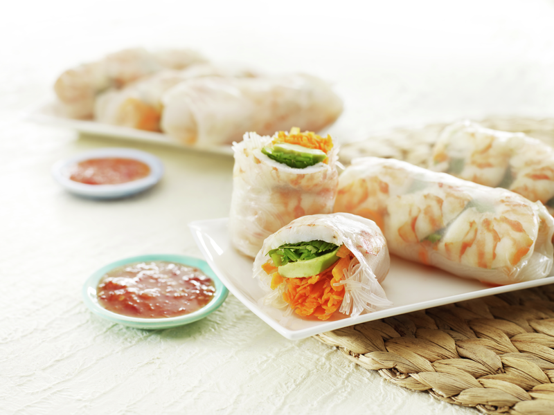Rice paper rolls with prawn and avocado inside