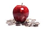 coins surrounding and apple