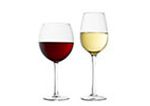 Two wine glasses, one filled with red wine and the other white