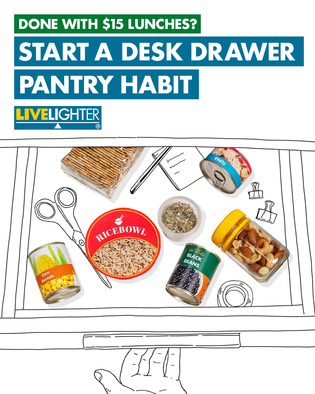 Open desk drawer with various shelf stable foods