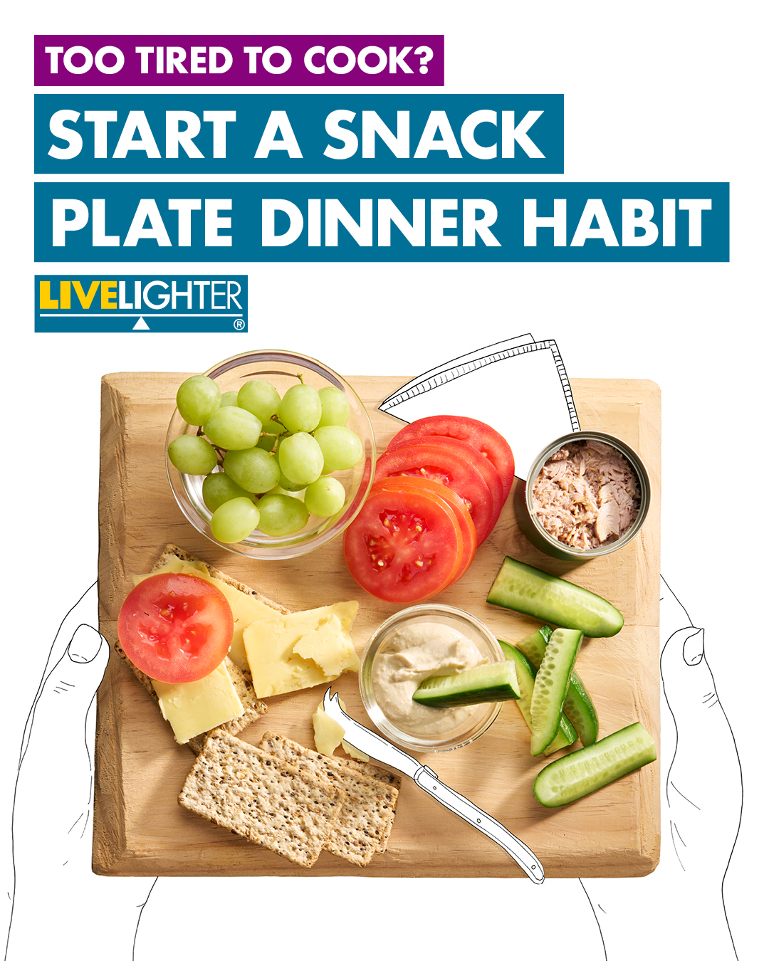 Chopping board showing various foods including hummus, crackers, cucumber sticks, grapes, sliced toamto, sliced cheese and tuna