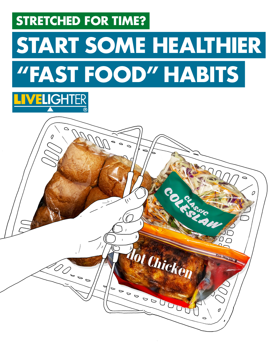 Shopping basket with slaw, grainy rolls and roast chicken