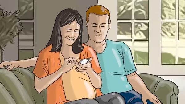 Illustration of a man and woman in larger bodies sitting on a couch. The woman is holding a mobile phone and scrolling on it. Both people are looking intently at the phone.