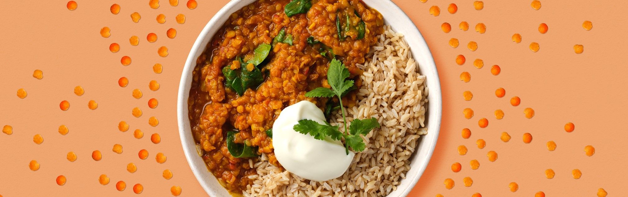 Red lentil dahl with brown rice and a dollop of yoghurt