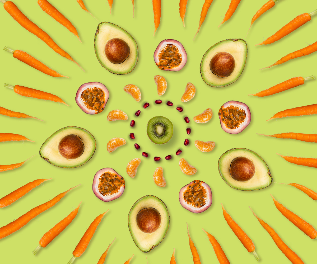 Kaleidoscope of colourful fruit and vegetables