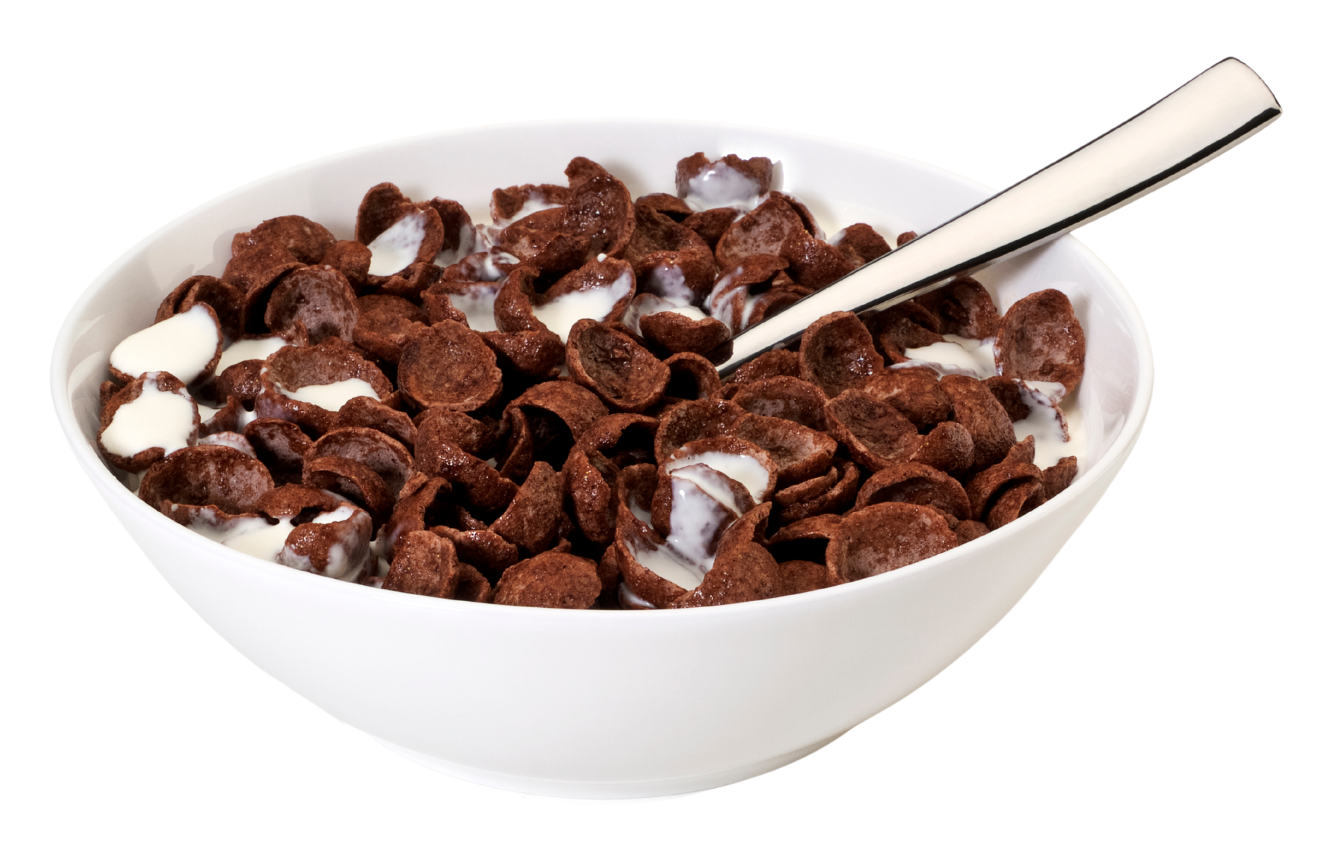 chocolate cereal flakes in a bowl with milk