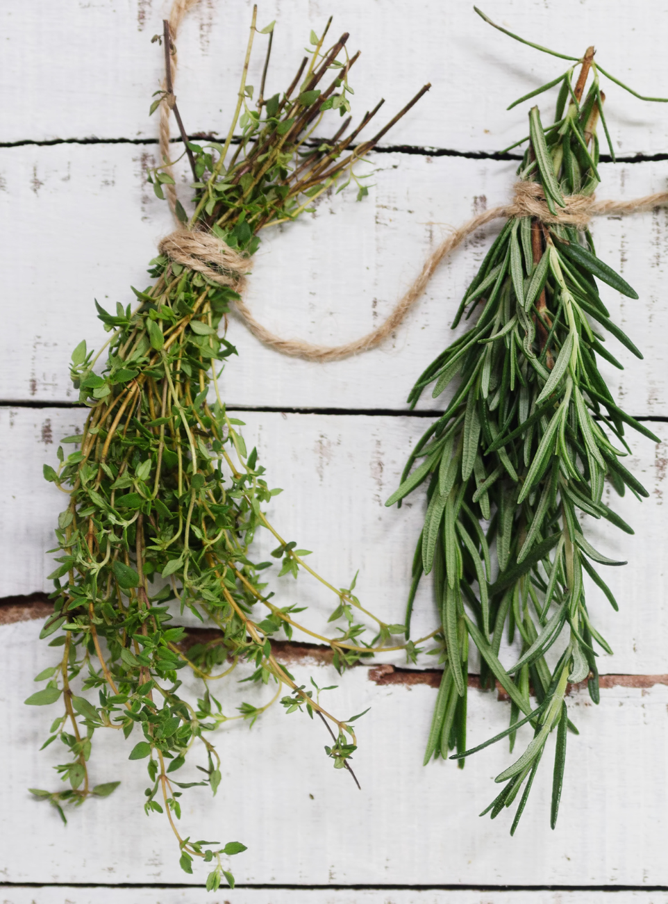 Thyme and rosemary drying upside down
