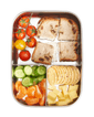 colourful lunchbox with fruit bread, cheese and crackers and vegetables