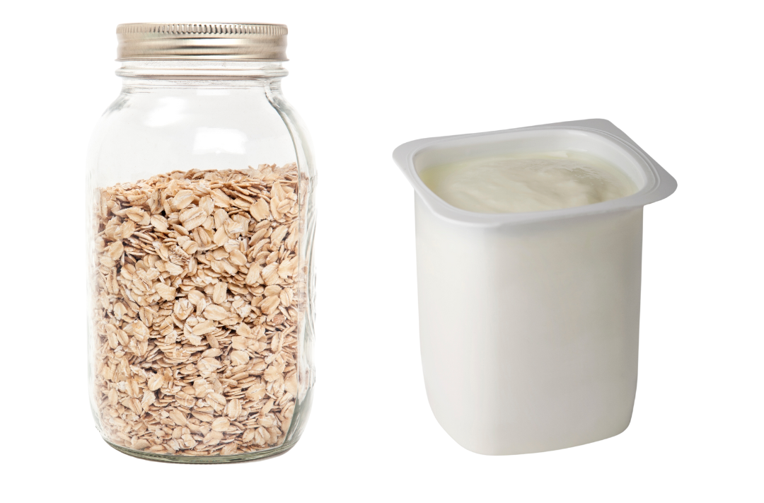 Jar of oats and a tub of yoghurt