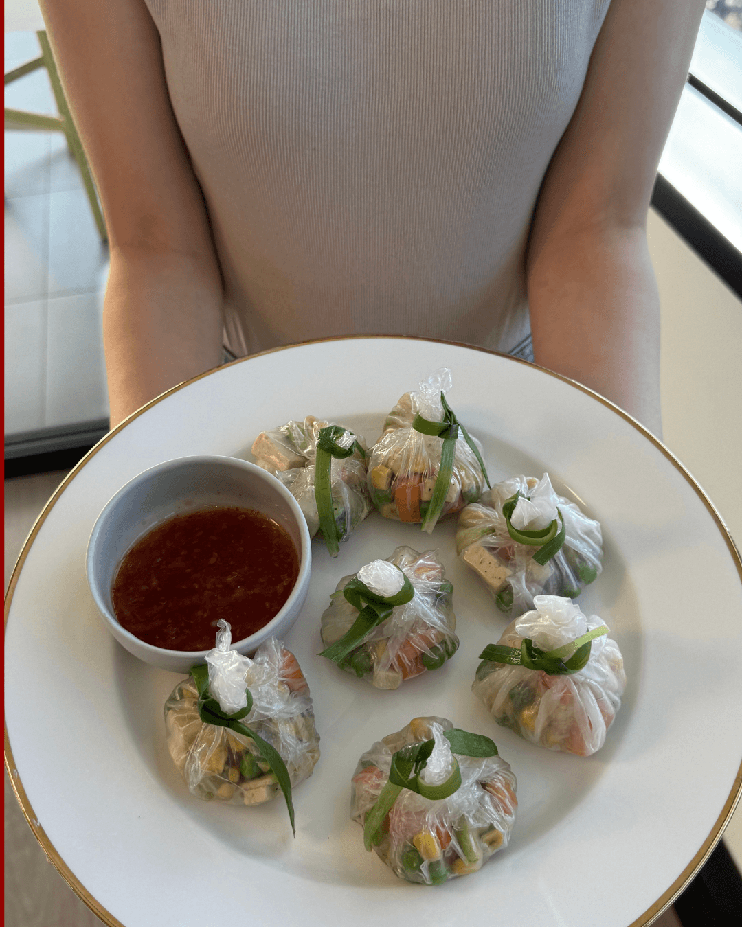 A person is holding  plate with home made vegetable dumplings. They are wrapped in rice paper and tied with a strip of green spring onion