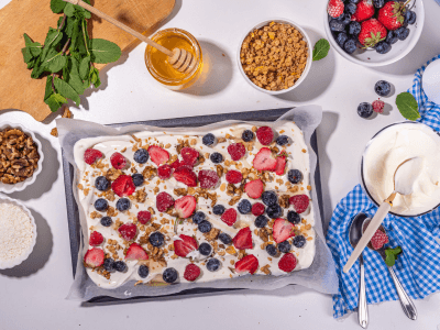 a tray of frozen yoghurt bark surrounded by the ingredients used to make it; yoghurt, honey, berries, granola and mint. 