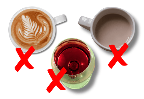 coffee, tea and red wine with an x on each