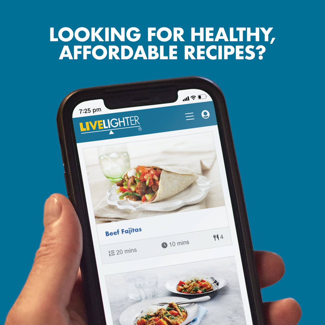 Close up of someone holding a phone, two recipes are shown on the phone including beef fajitas and beef curry, the text on the tile says 'looking for healthy, affordable recipes?'
