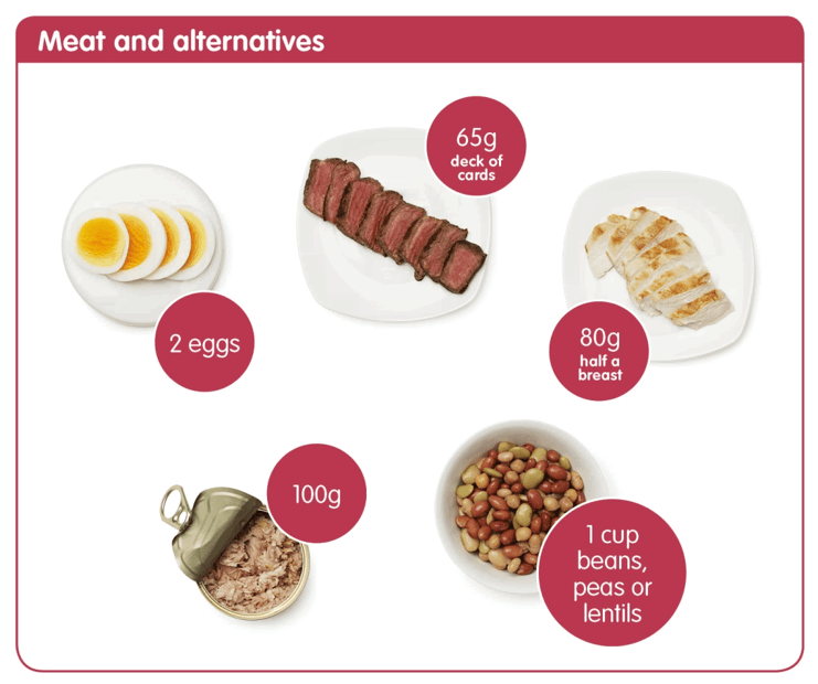 Meat and alternatives - 2 eggs, half chicken breast, 100g canned tuna, 1 cup beans, peas or lentils  