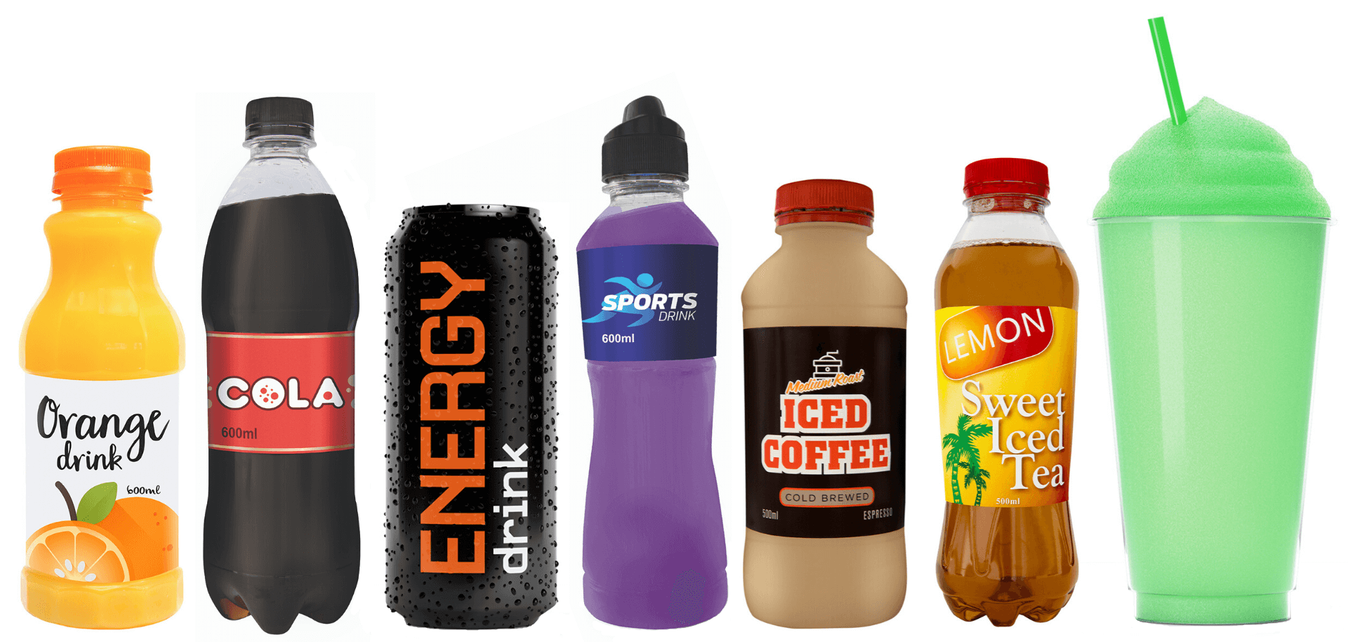 Bottles of sugary drinks including orange drink, cola, energy drink, sports drink, iced coffee, iced tea, slushie.