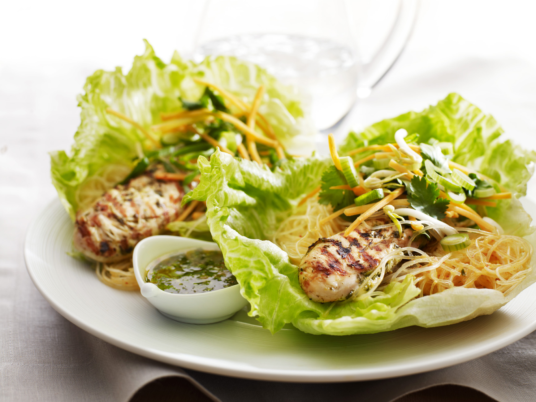 Grilled chicken and noodles lettuce wraps
