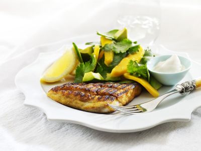 Spicy BBQ fish with mango salad