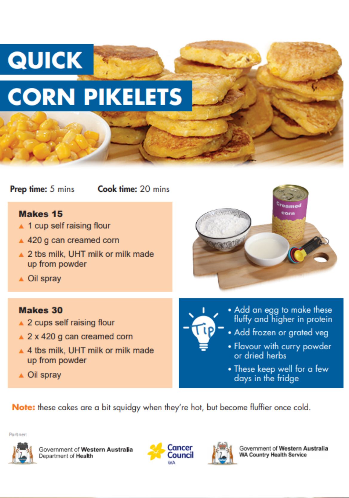 quick corn pikelets recipe card